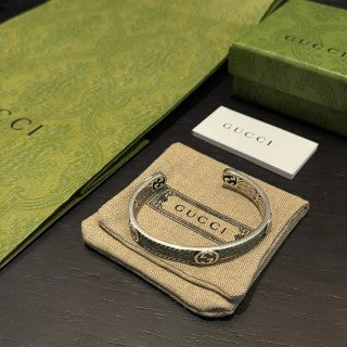 Gucci GG Engraved Vintage Open Cuff Silver Bangle