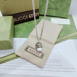 Gucci GG Crystal Heart Drop Silver Necklace