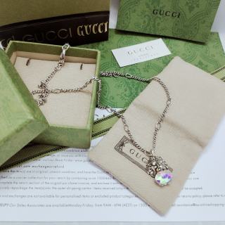 Gucci GG Crystal Heart Drop Silver Necklace