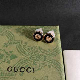 Gucci GG Black Enamel Gold Stud Earrings