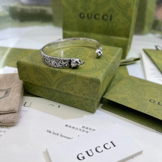 Gucci GG Engraved Filigree Open Cuff Silver Bracelet