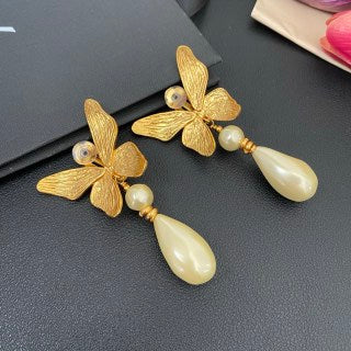 YSL Golden Butterfly Pearl Drop Clip-On Earrings