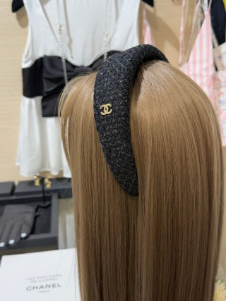 Chanel Tweed Gold Accent Headband – Black & Pink Elegant Luxury Fashion Accessory