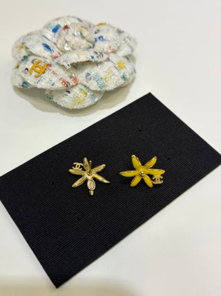 Chanel Gold and Yellow Enamel Flower Stud Earrings