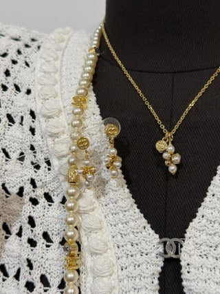 Chanel Lava-style Button and Small Pearl Earrings