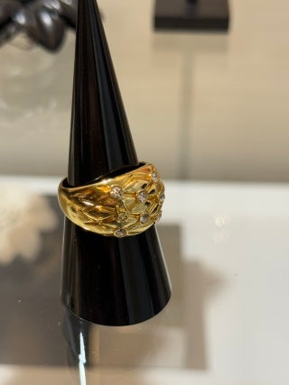 CHANEL Quilted Diamond Pattern Gold Statement Ring