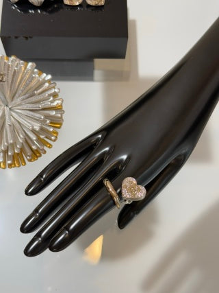 Chanel Gold and Silver Two-Tone Open Heart Ring with Full Pavé Diamonds