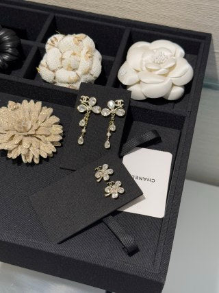 Chanel Clover Pearl Stud Earrings with Teardrop Crystals