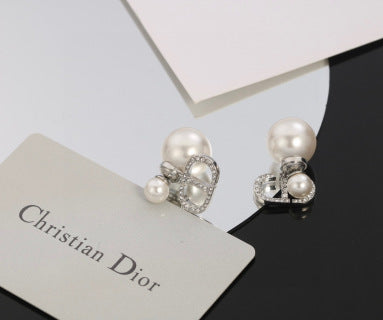 Dior Pearl CD Crystal Double Drop Stud Earrings