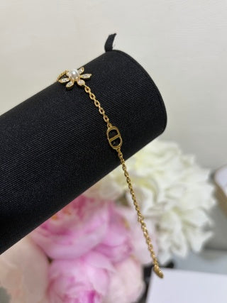 Dior Crystal Flower Charm Gold Chain Bracelet