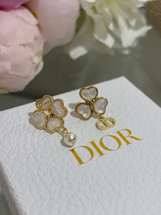 Dior Clover Pearl CD Charm Stud Earrings
