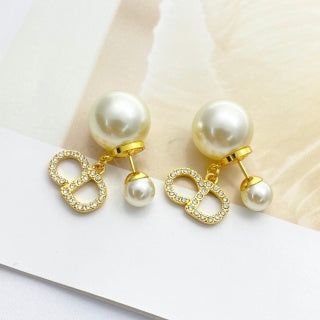 Dior Pearl CD Crystal Double Drop Stud Earrings
