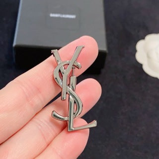 YSL Dual Tone Monogram Logo Brooch