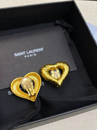 YSL Textured Heart Gold Clip-On Earrings