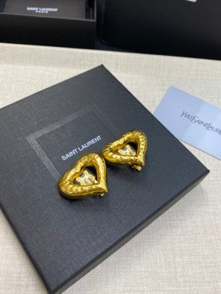 YSL Textured Heart Gold Clip-On Earrings