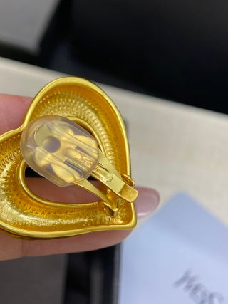 YSL Textured Heart Gold Clip-On Earrings