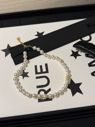 Chanel Light Gold Short Necklace with White Pearls and Full Pavé Crystals