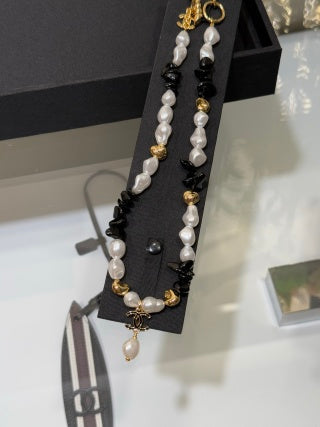 Chanel Black Enamel Double-C and Baroque Pearl Short Necklace