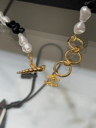 Chanel Black Enamel Double-C and Baroque Pearl Short Necklace