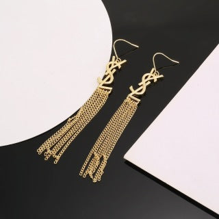 YSL Crystal Fringe Logo Cascade Earrings