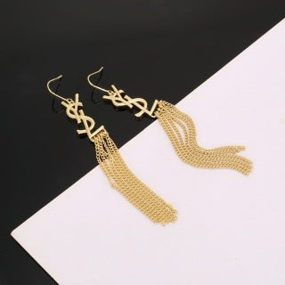 YSL Crystal Fringe Logo Cascade Earrings