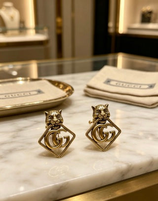 Gucci Interlocking G Lion Head Geometric Stud Earrings