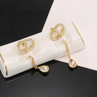 Dior CD Pearl Crystal Chain Drop Stud Earrings