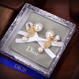 Dior Pearl Crystal Medallion Drop Stud Earrings