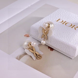 Dior Butterfly Pearl CD Drop Stud Earrings