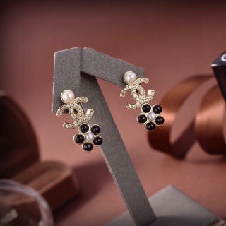CHANEL Golden Pearl Blossom CC Drop Stud Earrings