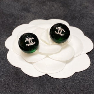 CHANEL Enamel Pearl Tone Round Stud Earrings