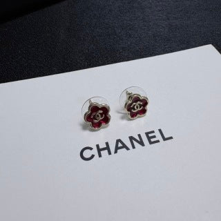 CHANEL Rouge Blossom Enamel Stud Earrings