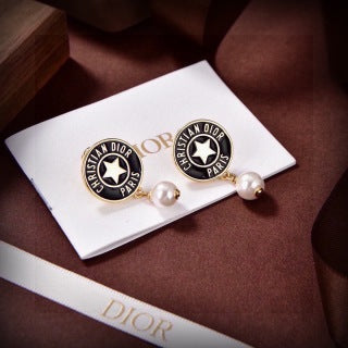 Dior Pearl Medallion Logo Drop Stud Earrings