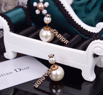 Dior Pearl Crystal Asymmetric Drop Stud Earrings