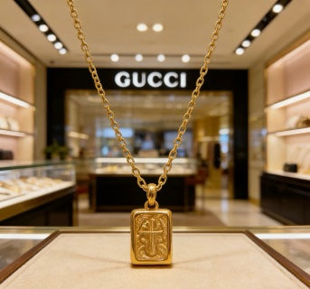 Gucci Engraved Rectangular Medallion Pendant Necklace