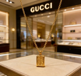 Gucci Engraved Rectangular Medallion Pendant Necklace