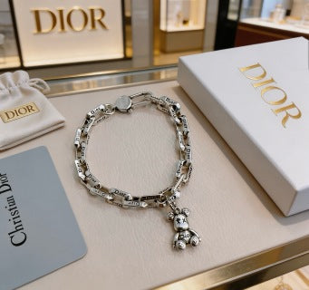 Dior Evelyne Silver Teddy Bear Charm Link Bracelet