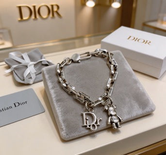 Dior Evelyne Silver Teddy Bear Charm Link Bracelet