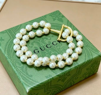 Gucci Pearl Strand Horsebit Charm Bracelet