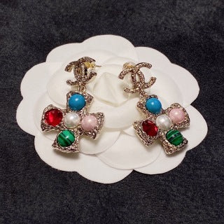 Chanel Jewel-Tone Cross Charm Drop Earrings