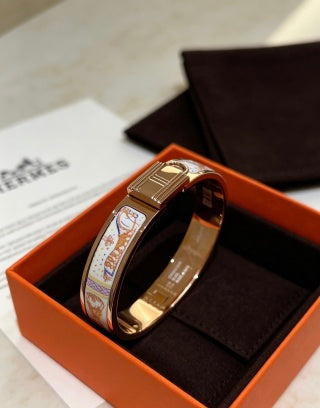 Hermès White Enamel Mosaic Hinged Bracelet