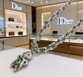 Dior Evelyne Silver CD Link Green Crystal Pendant Necklace