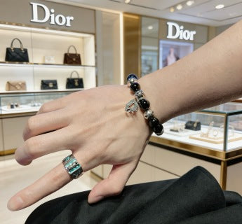 Dior Evelyne Obsidian Black Bead CD Charm Bracelet