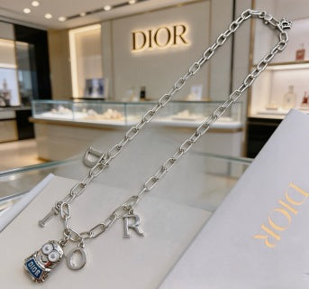 Dior Evelyne Silver CD Lock Charm Chain Necklace