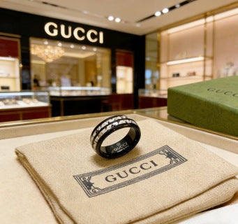 Gucci GG Black Ceramic Crystal Stripe Band Ring