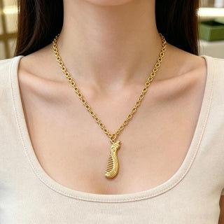 Gucci GG Ribbed Drop Pendant Gold Chain Necklace