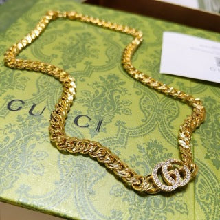 Gucci GG Crystal Interlocking Pendant Gold Chain Necklace
