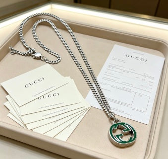 Gucci GG Green Enamel Medallion Silver Chain Necklace