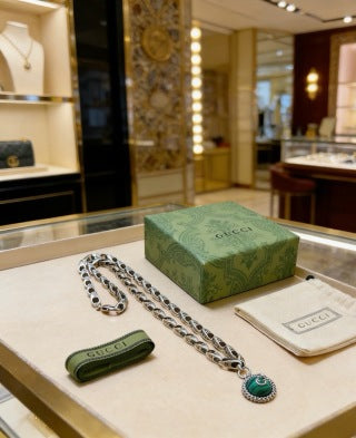 Gucci GG Emerald Medallion Silver Chain Necklace