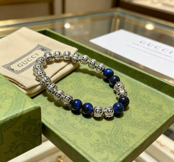 Gucci GG Beaded Lapis Accent Silver Bracelet
